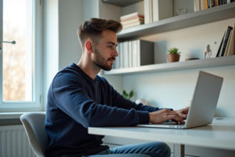 Jeune homme en bureau moderne travaillant sur son ordinateur