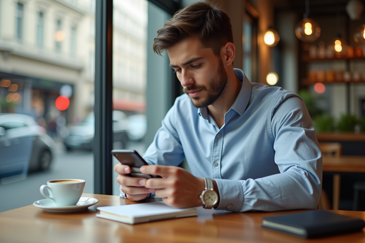 Jeune homme vérifiant ses options de paiement au café