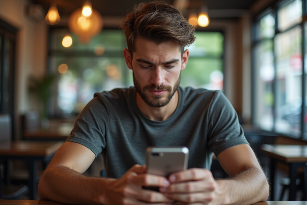 Jeune homme vérifiant un email spam au café