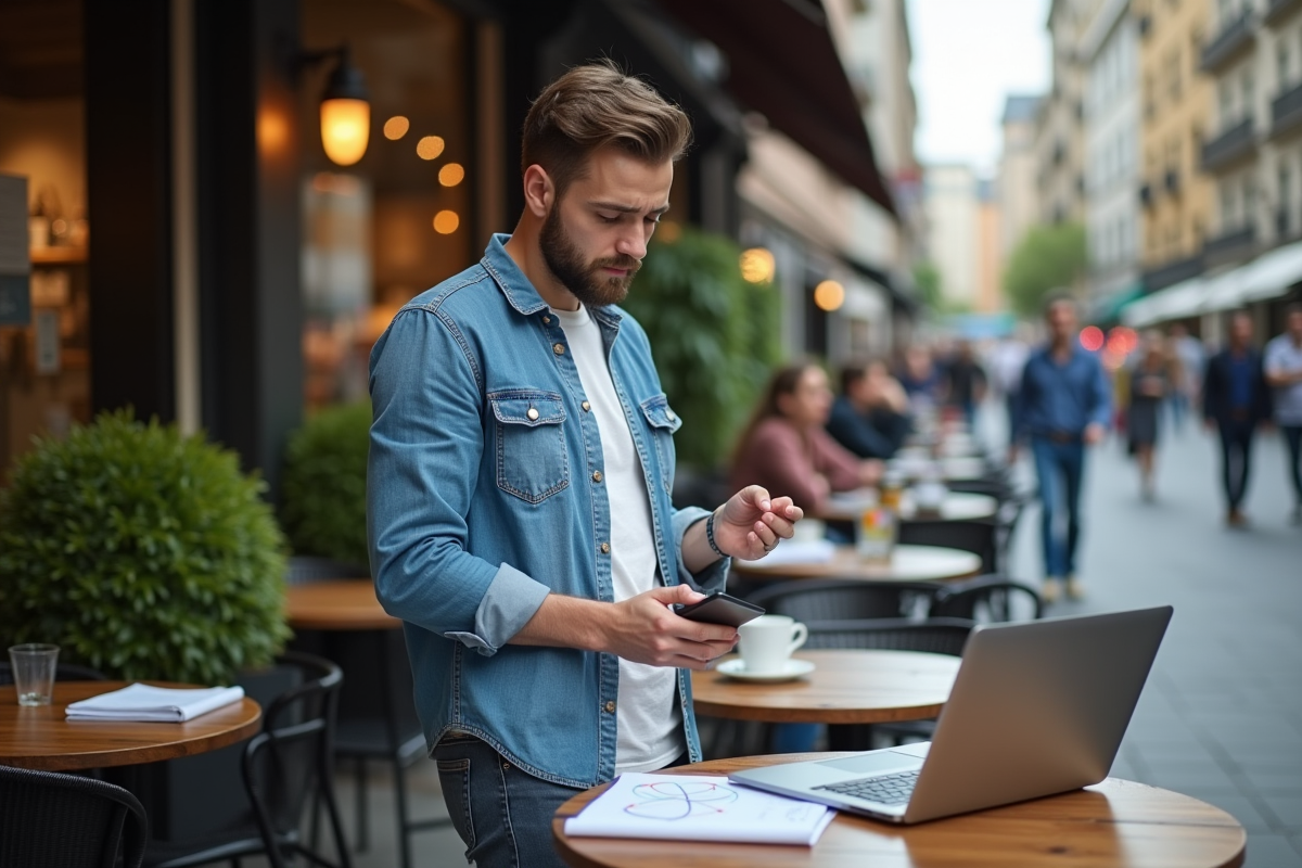 Jeune homme étudiant avec notes et ordinateur en terrasse urbaine
