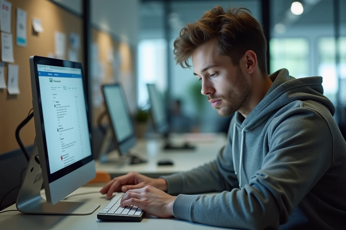 Jeune homme connectant un disque dur externe à un ordinateur