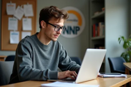 Jeune homme étudiant travaillant sur son ordinateur dans une chambre moderne