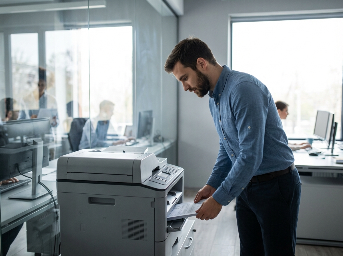 Jeune professionnel récupérant ses documents imprimés au bureau