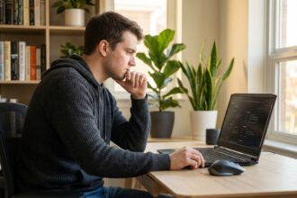 Jeune homme évaluant un ordinateur portable gaming dans un bureau lumineux
