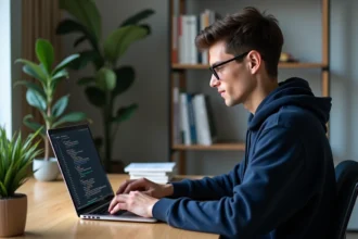 Jeune homme en hoodie travaillant sur un laptop avec code Python