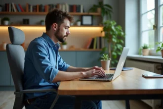 Jeune homme concentré sur un test de vitesse clavier dans un bureau moderne