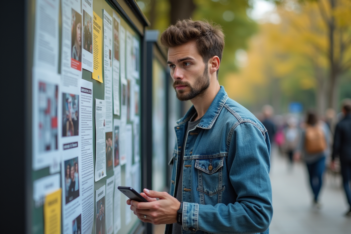 Jeune homme regardant des affiches de privacy en extérieur