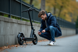 Jeune homme ajustant un scooter électrique en ville