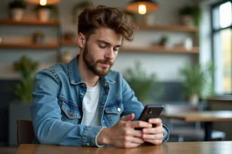 Jeune homme en denim examine son smartphone dans un café lumineux