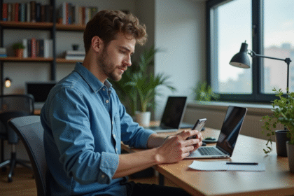 Jeune homme utilisant son smartphone pour entrer un code dans un bureau moderne