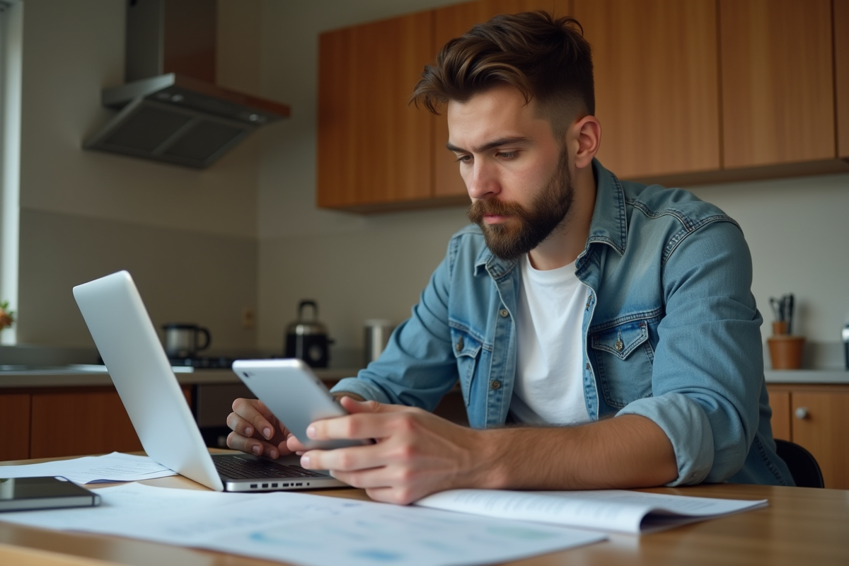 Jeune homme travaillant à la maison avec tablette et documents