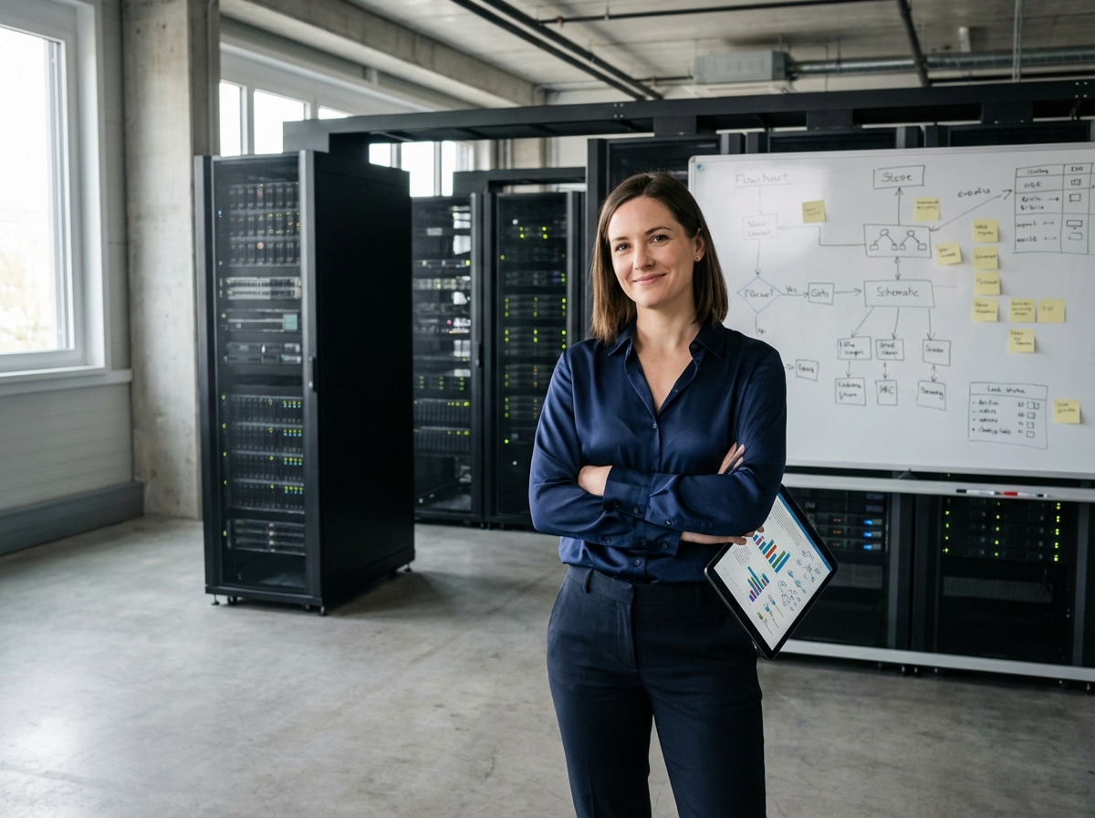 Jeune ingénieure tenant une tablette dans un espace industriel