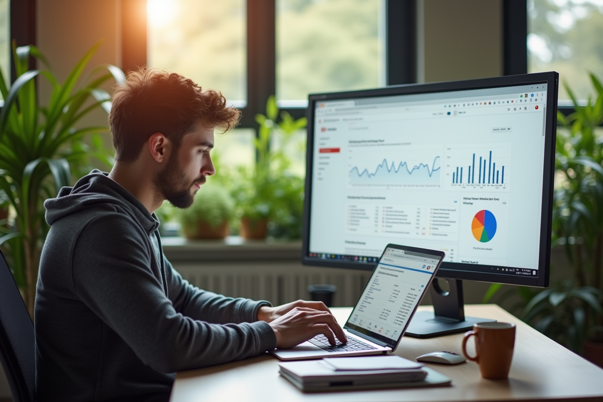 Jeune professionnel travaillant sur un ordinateur dans un bureau moderne