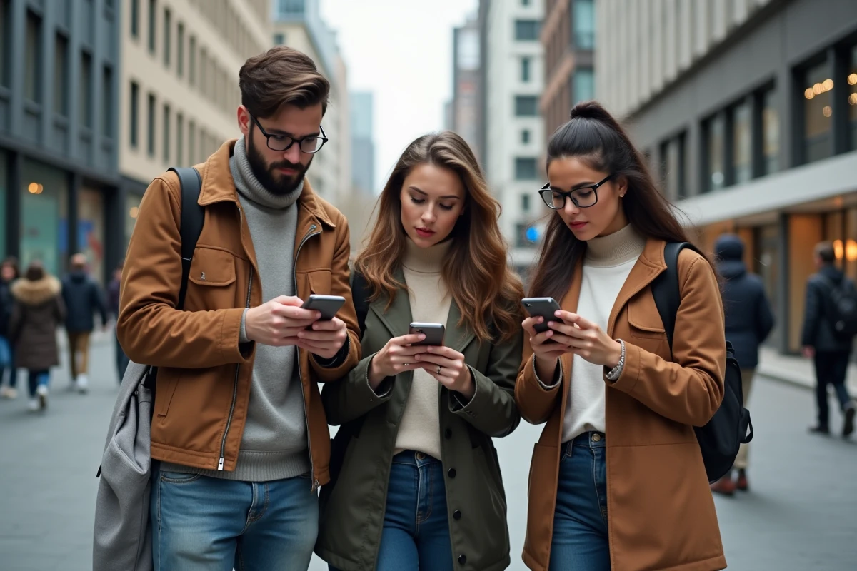 Jeunes adultes perplexes regardant leurs téléphones en ville