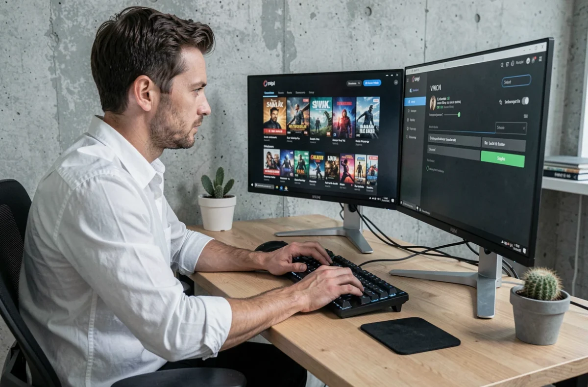 Développeur accédant à une bibliothèque de jeux américains via un VPN sur son bureau à domicile avec double écran