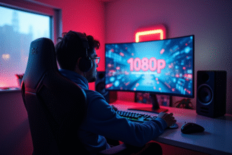 Gamer concentré dans un setup moderne jouant en 1080p
