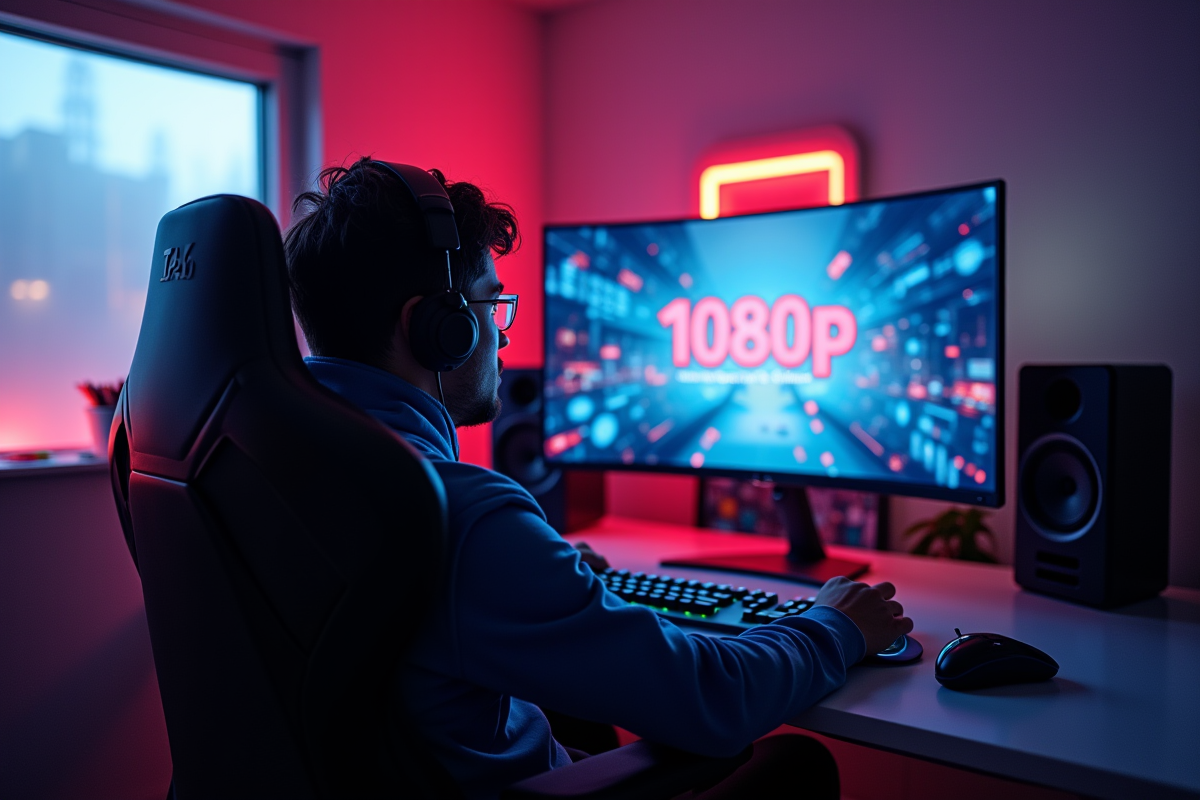 Gamer concentré dans un setup moderne jouant en 1080p