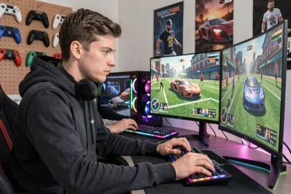 Joueur de Rocket League concentré devant ses écrans avec BakkesMod configuré, dans une salle de gaming moderne