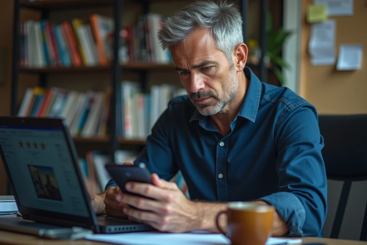 Homme lisant des avis contradictoires sur un smartphone depuis son bureau à domicile
