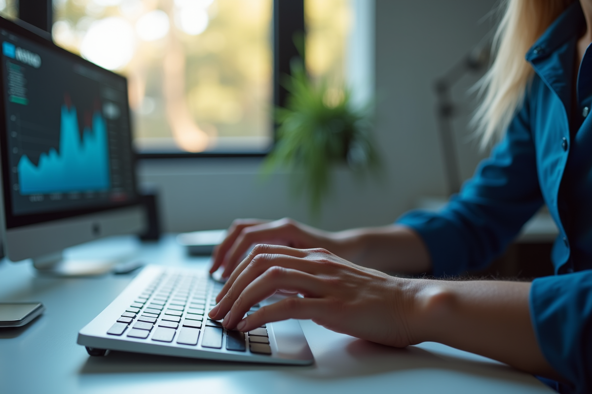 Mains tapant sur un clavier avec des graphiques SEO affichés à l