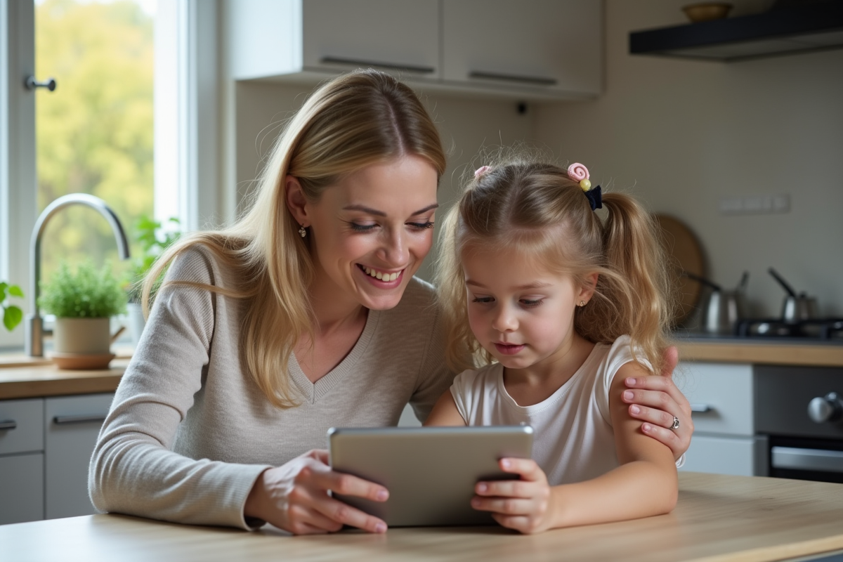 Maman et fille de 7 ans utilisant une tablette à la cuisine