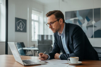 Manager informatique français analysant un tableau de bord digital