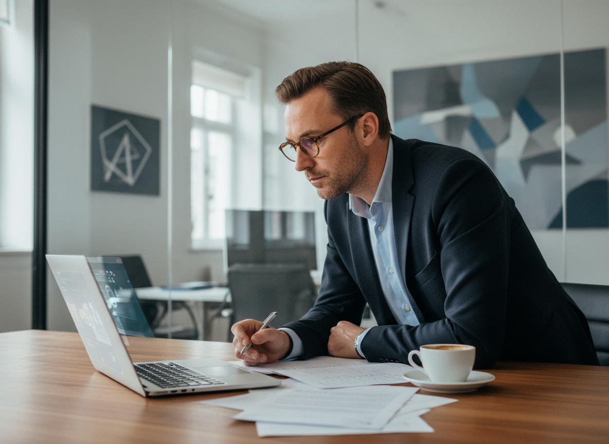 Manager informatique français analysant un tableau de bord digital