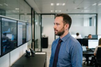 Manager informatique concentré dans un bureau moderne