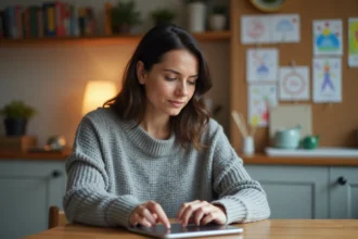 Mère consultant l'activité Google de son enfant sur une tablette dans la cuisine familiale