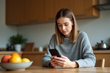 Mère consultant les paramètres de contrôle parental sur un téléphone Google Pixel dans une cuisine familiale
