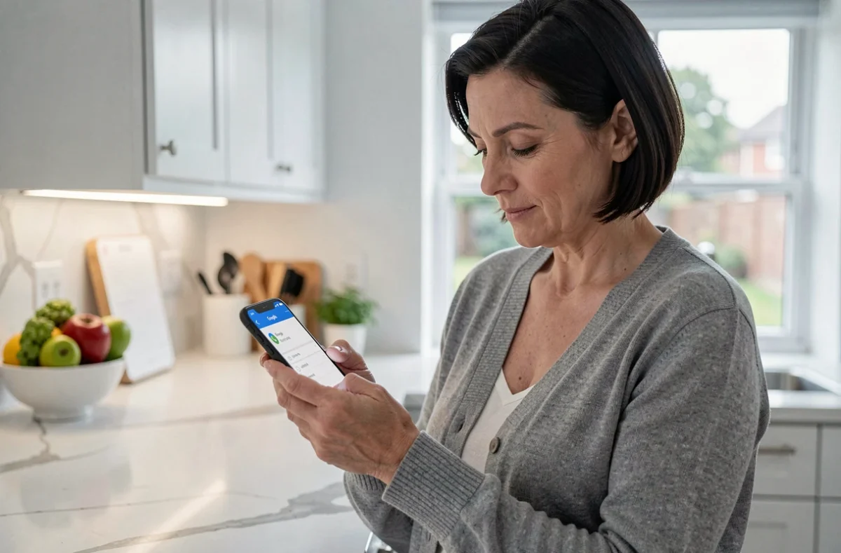 Une mère configure les paramètres SafeSearch de Google sur son smartphone dans la cuisine