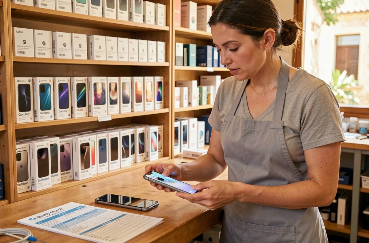 Technicienne Mobilax à Aix-en-Provence inspectant un smartphone reconditionné et réparé