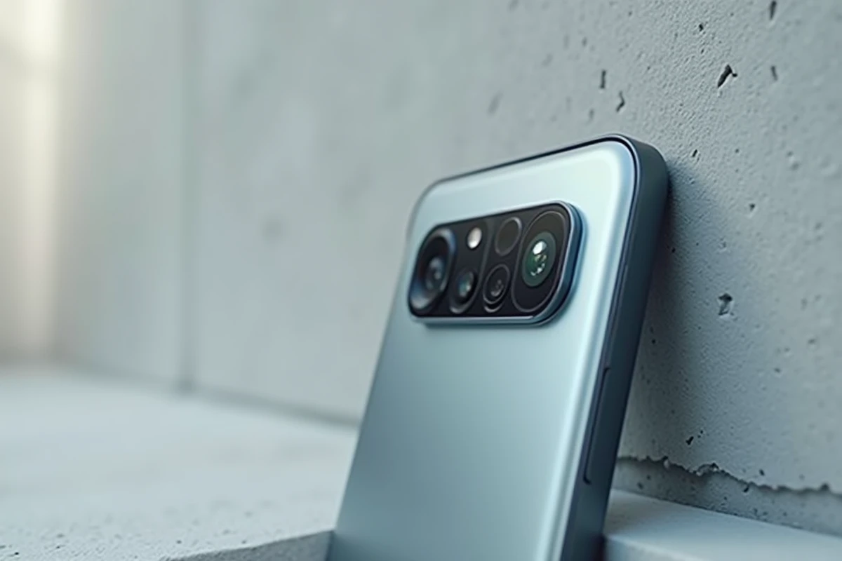 Gros plan sur le module photo triple objectif du Google Pixel 8 Pro sur fond de béton gris clair