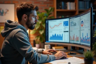 Homme analysant le trafic web et les revenus de monétisation sur un écran d'ordinateur dans un bureau à domicile