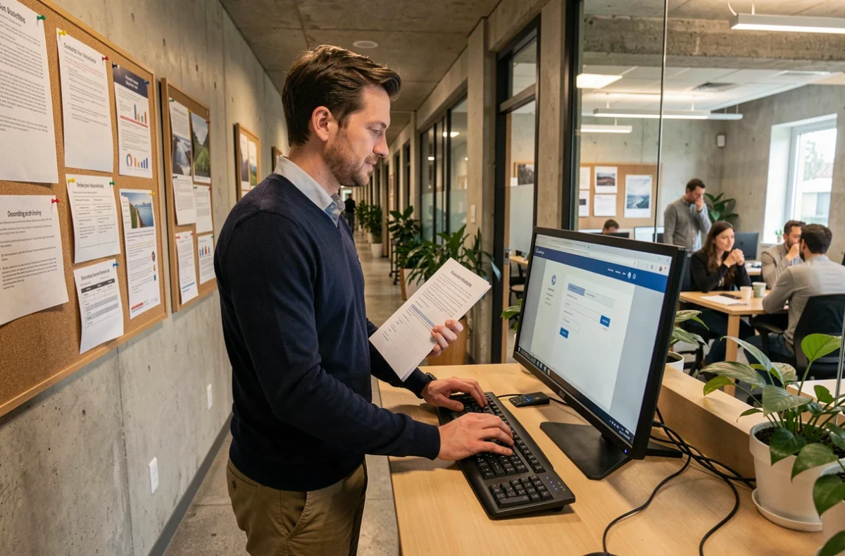 Nouvel arrivant INRAE consultant une liste d'étapes pour activer son adresse mail institutionnelle dans un couloir de bureau moderne