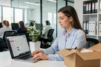 Nouvelle employée INRAE configurant sa messagerie professionnelle sur un ordinateur portable lors de son premier jour au bureau