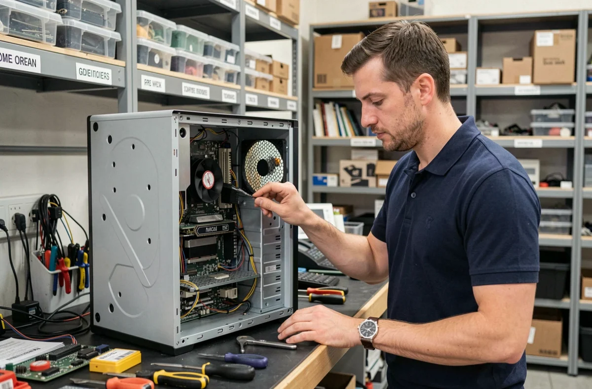 Technicien informatique diagnostiquant un ordinateur ouvert dans un atelier de réparation professionnel