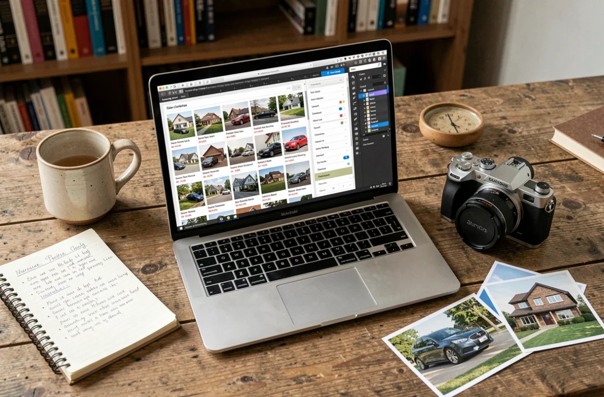 Bureau avec ordinateur portable affichant des annonces immobilières et auto pour optimiser les visuels en ligne