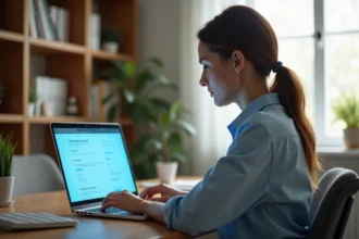 Femme configurant un renvoi automatique d'e-mails sur une messagerie en ligne depuis son bureau à domicile