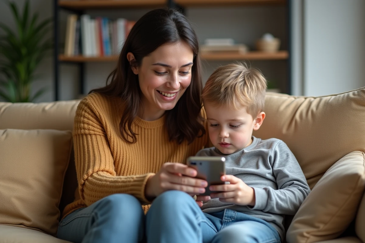 Mère expliquant à son fils les règles de contrôle de l'activité en ligne sur Google
