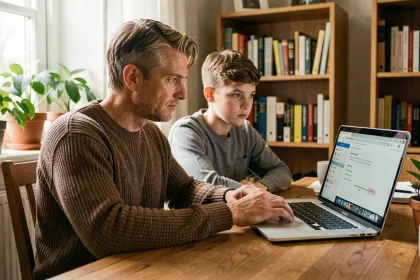Un parent aide son adolescent à configurer SafeSearch sur un ordinateur portable à la maison