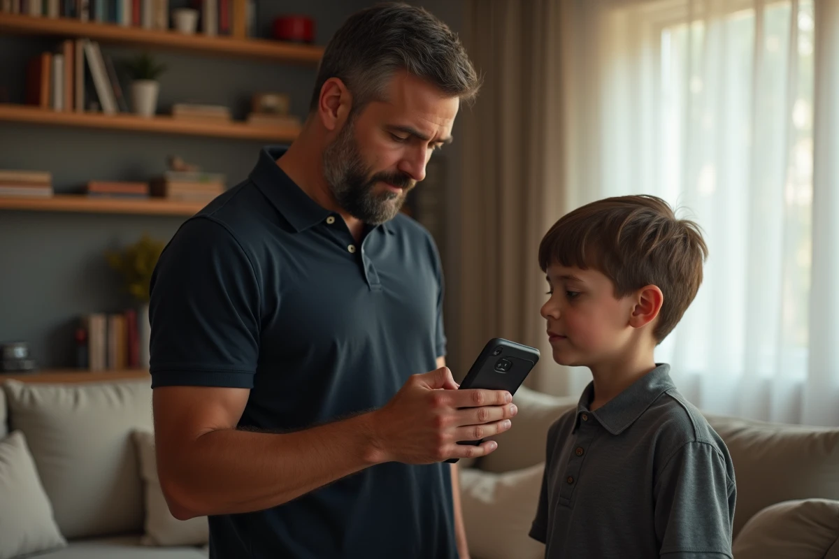 Père expliquant le contrôle parental sur un téléphone Google Pixel à son fils dans le salon
