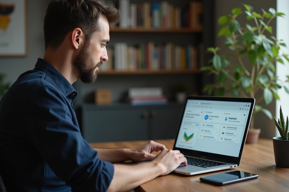 Père vérifiant les paramètres de contrôle parental Google Mon Activité sur un ordinateur portable