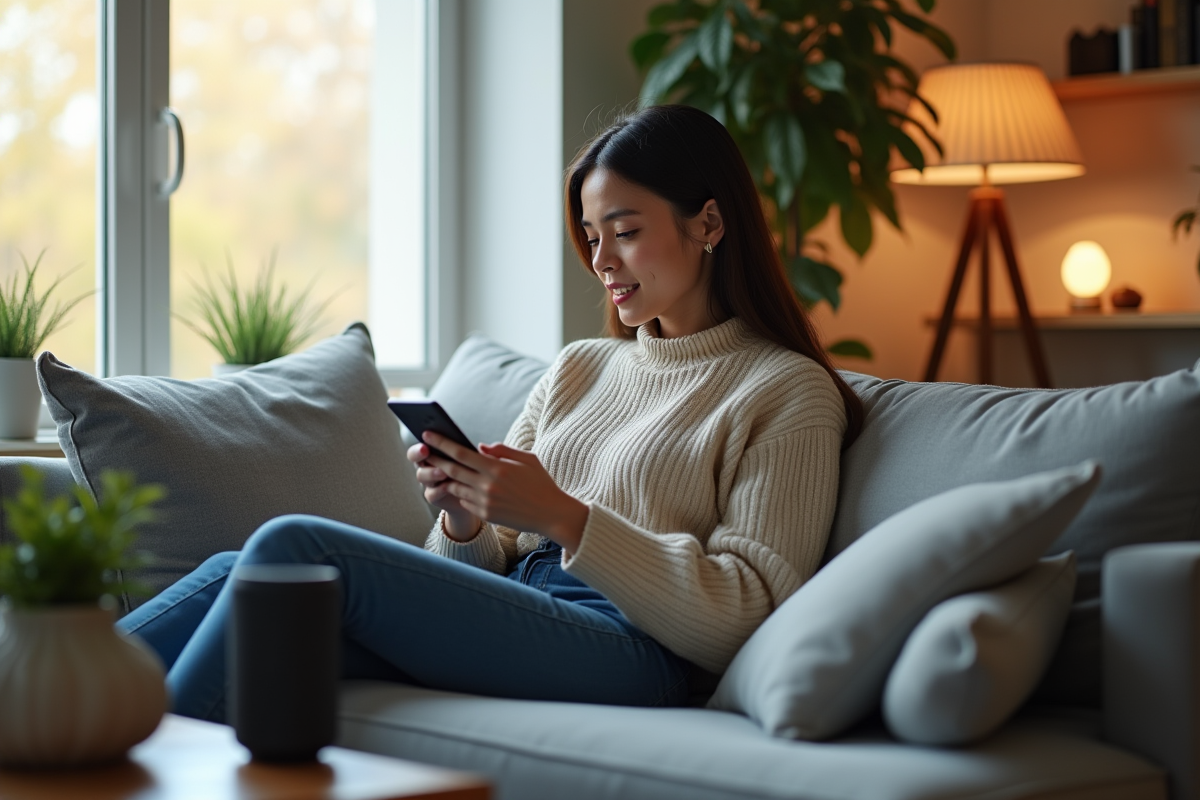 Personne assise sur un canapé moderne parlant à un assistant vocal
