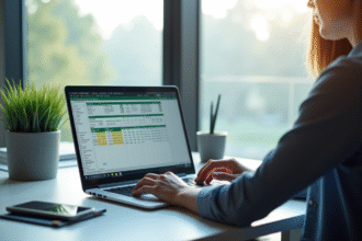 Personne travaillant sur un bureau avec deux feuilles Excel