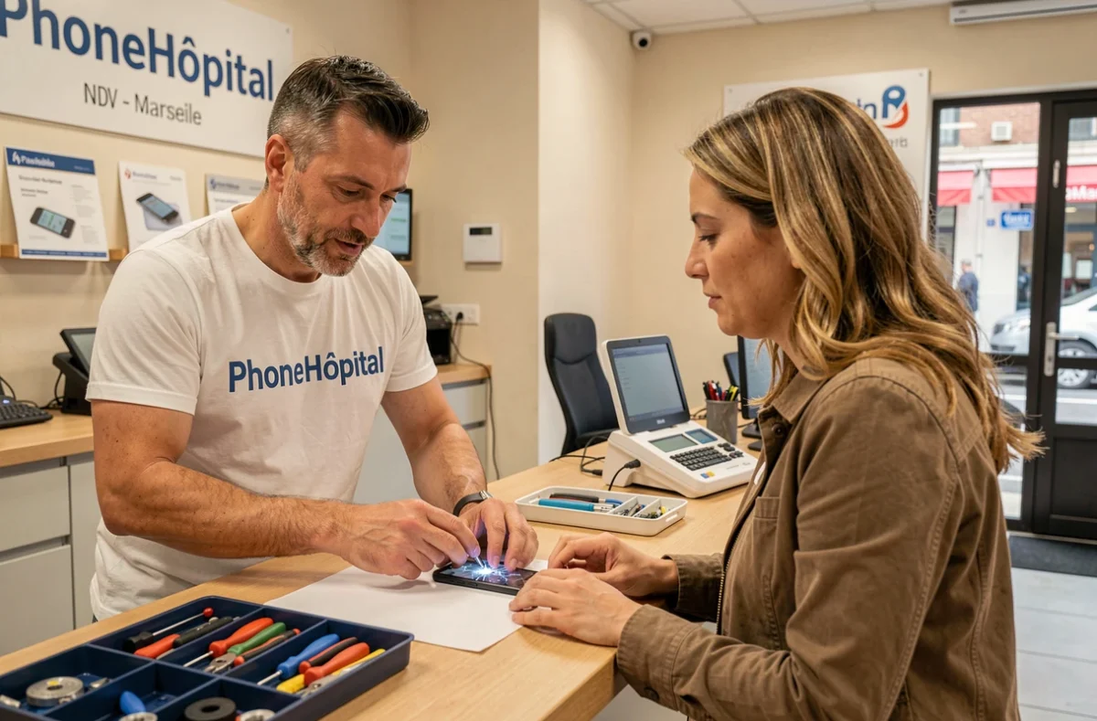 Technicien de PhoneHôpital Marseille réalisant un diagnostic sans rendez-vous pour une cliente