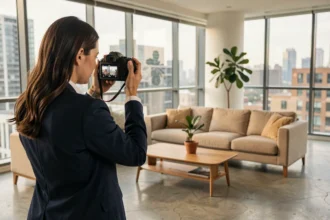 Agente immobilière photographiant un appartement moderne pour une annonce immobilière professionnelle
