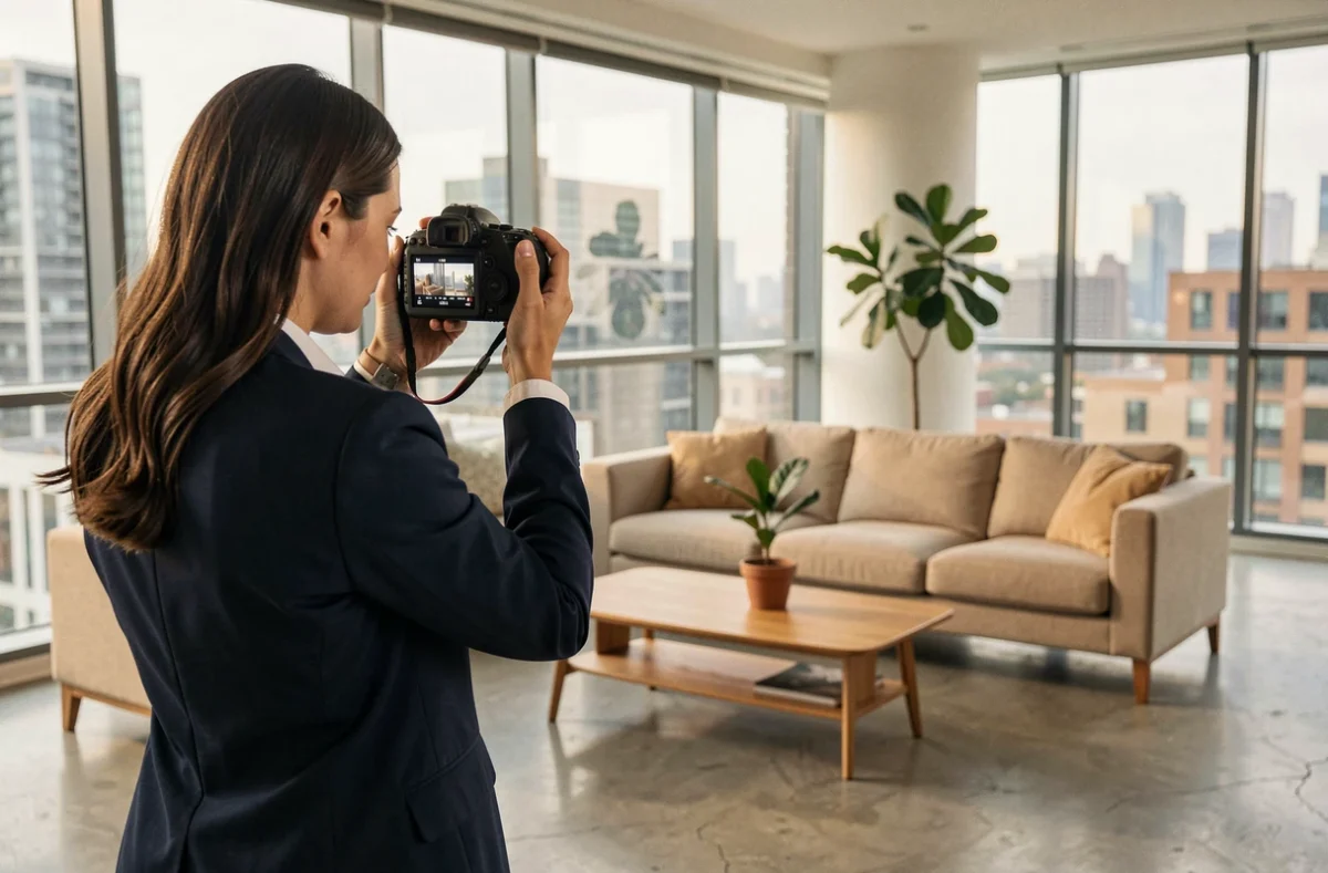 Agente immobilière photographiant un appartement moderne pour une annonce immobilière professionnelle