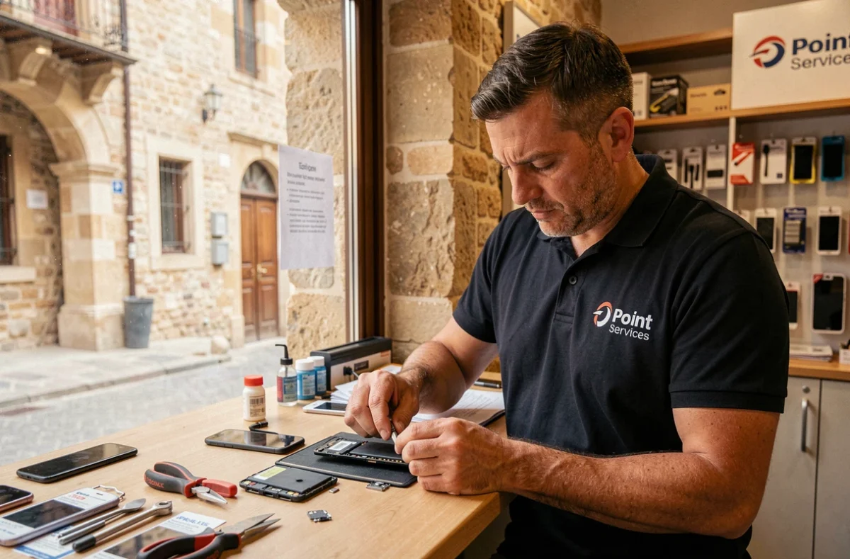 Technicien de Point Service Mobiles à Avignon remplaçant une batterie de smartphone dans le Vaucluse
