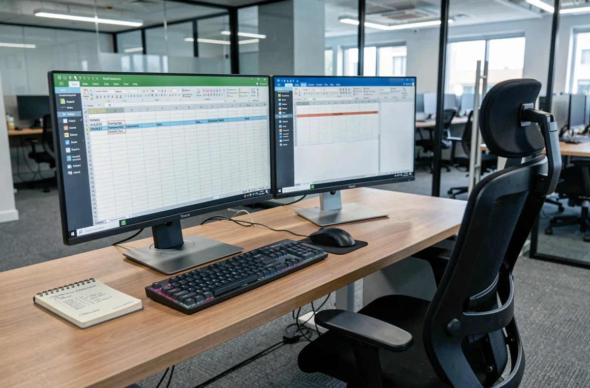 Poste de travail informatique avec écrans affichant un tableur Excel et la fonction volets activée pour figer les lignes et colonnes